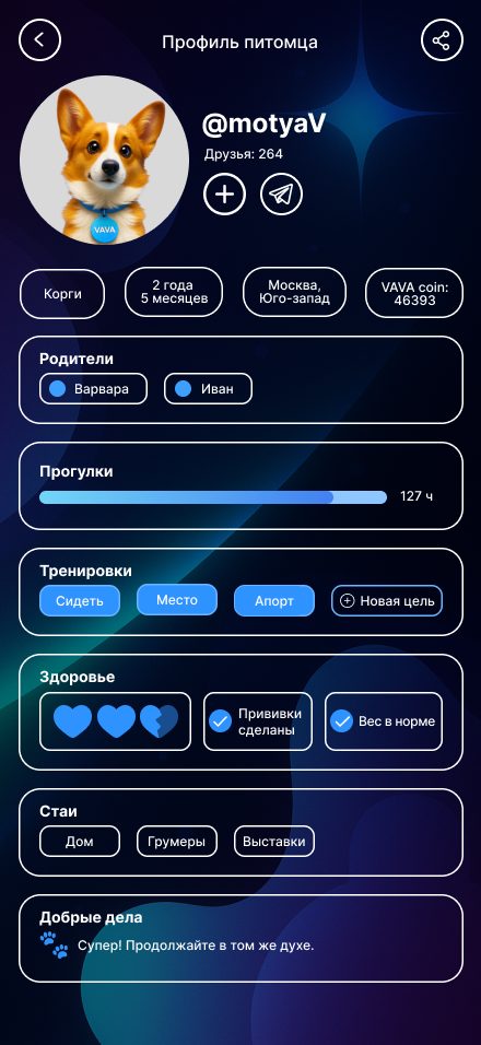 Профиль питомца — тёмная тема